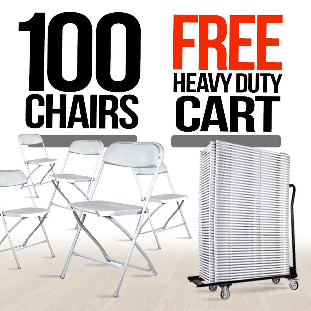 Chivari 100 Pack White Plastic Folding Chair and Cart Bundle with Strap CFPW-100GCRTS-KT