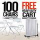 Chivari 100 Pack White Plastic Folding Chair and Cart Bundle with Strap CFPW-100GCRTS-KT