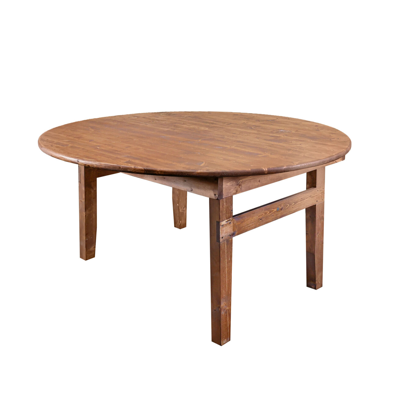 60 inch Round Farm Table with Folding Straight Legs in Chestnut Finish by Chivari TFARMRD60-CHESTNUT-S-LEG-AX-T