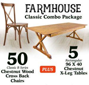 Farm House Bundle Package with 50 Chestnut Wood Cross Back Chairs and 5 X Leg Farm Tables