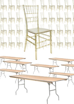 64 Clear Gold Champagne Resin ThinVisible Chiavari Chair with 8 Plywood Metal Edge Tables 72″ x 30″ by Chivari KIT-64-8CCRCHGMT-TBL7230-T