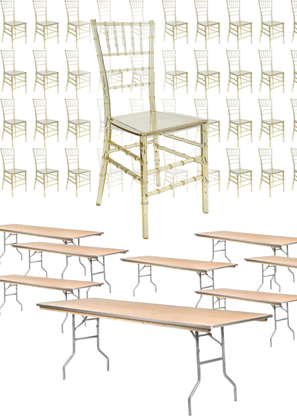 64 Clear Gold Champagne Resin ThinVisible Chiavari Chair with 8 Plywood Metal Edge Tables 72″ x 30″ by Chivari KIT-64-8CCRCHGMT-TBL7230-T