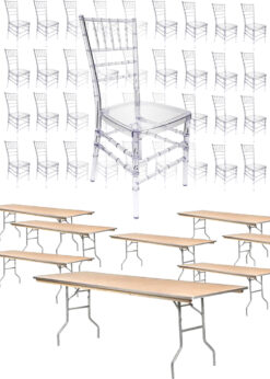 64 Clear Resin ThinVisible Chiavari Chair – with 8 Plywood Metal Edge Tables 72″ x 30″ by Chivari KIT-64-8CCRCMT-TBL7230-T