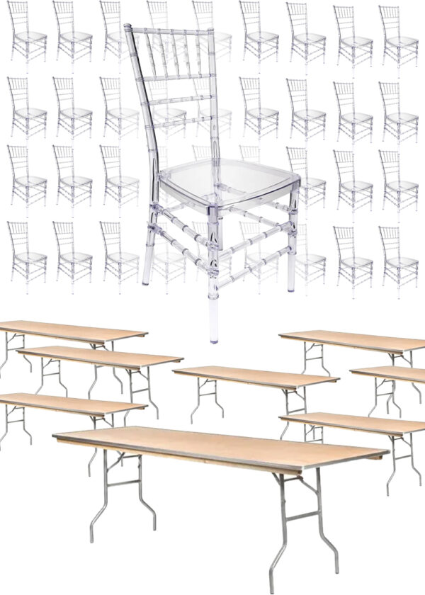 64 Clear Resin ThinVisible Chiavari Chair – with 8 Plywood Metal Edge Tables 72″ x 30″ by Chivari KIT-64-8CCRCMT-TBL7230-T