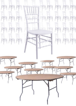 100 Person Luxury Event Package: Includes 100 White Resin Steel Skeleton Chiavari Chairs Plus 10 Round 72″ Heavy Duty Banquet Folding Tables Plus a Banquet Table Cart by Chivari PACK100CCRWSTEEL1072RD-T