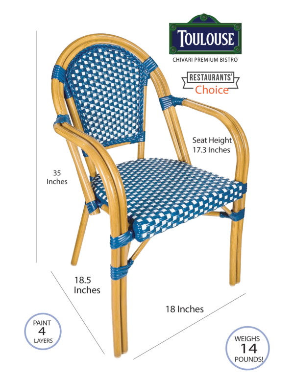 Blue & White with Arms French Bistro Patio Dining Chair by Chivari CBPABLU-AX-T