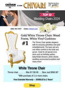 Top 10 Wedding Chairs 2024 - Gold/White Throne Chair - Wood Frame, White Vinyl Cushions