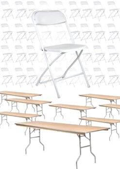 100 White Poly Folding Chairs + 10 Rectangular Plywood Banquet Tables PACK100CFPW-CX-T-TPLYRT9630M-1