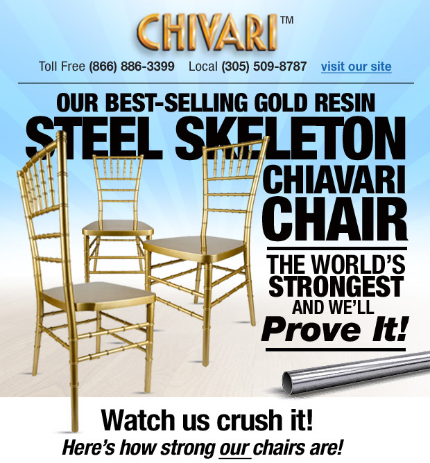 Our best selling Gold Resin Steel Skeleton Chiavari Chair - the world's strongest and we'll prove it.