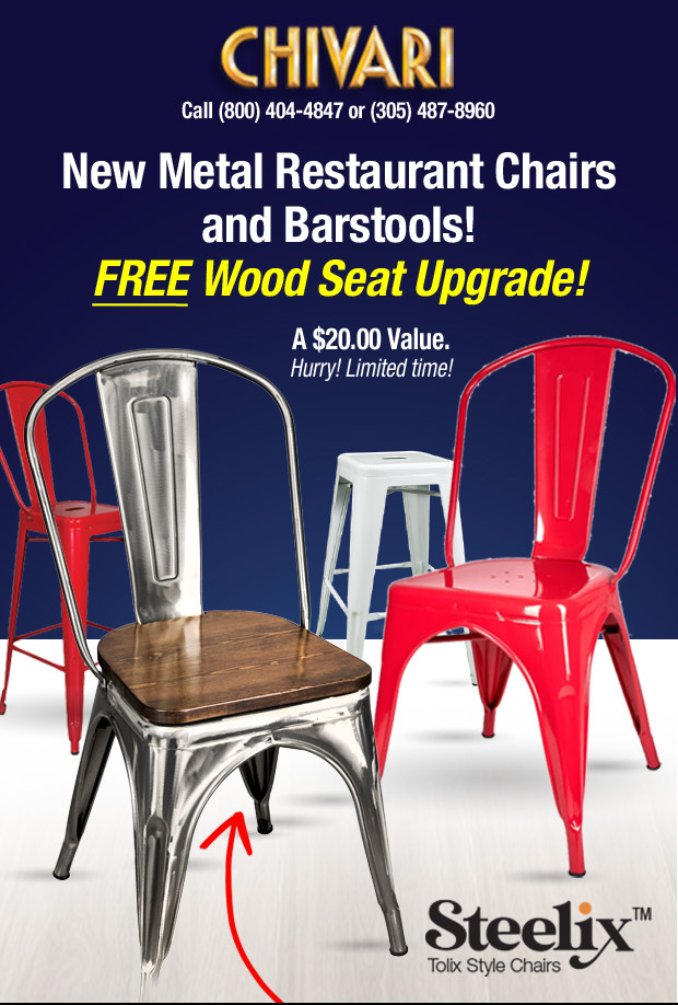 New Metal Restaurant Chairs and Barstools - Free Wood Seat Upgrade