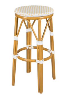 Bistro Barstool, No Back, 30″ Full Height PE Rattan, White on Beige. Medium Pipe BFNBPWB-AX-T