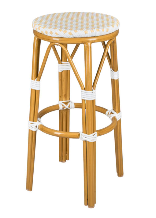 Bistro Barstool, No Back, 30″ Full Height PE Rattan, White on Beige. Medium Pipe BFNBPWB-AX-T