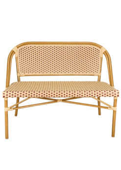 Bistro Bench, Seats 2, PE Rattan, Beige on Maroon. Light Pipe by Chivari BNBPBG-AX-T