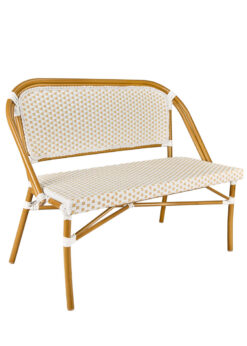 Bistro Bench, Seats 2, PE Rattan, White on Beige. Medium Pipe BNBPWB-AX-T