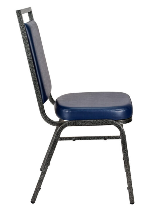 Navy Blue Vinyl on Silver Vein Steel Frame Square Back Banquet Chair by Chivari CQSVBLU-ZF-T