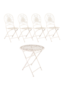 4 Chairs and 1 Table Kit – Four(4) Antique White Round Seat with Back Barcelona Bistro Chair | One (1) 28″ Antique White Iron Barcelona Bistro Table KIT-BBSET-4CH1TB-WHRD