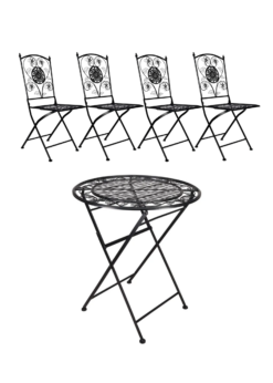 4 Chairs and 1 Table Kit – Four (4) Rustic Matte Black Barcelona Bistro Iron Folding Chairs with Square Seat and Curved Back plus One (1) 28″ Rustic Matte Black Iron Barcelona Bistro Table KIT-BBSET-4CH1TB-BLSQ