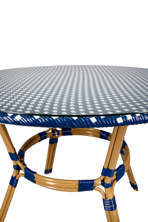 Blue on White Light Pipe Bistro Table 40" PE Rattan TBTPBLU-KT-AX-T